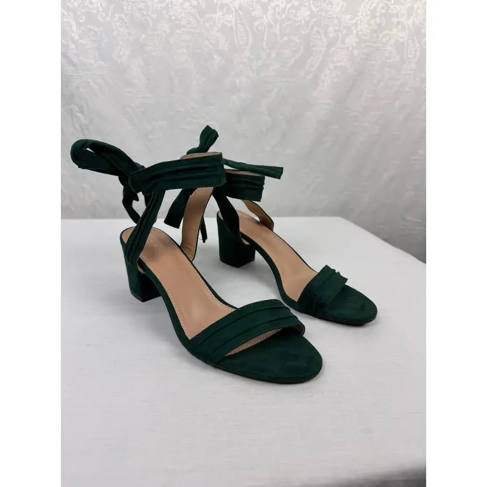 Green Suede-Look Ankle Tie Block Heel Sandals Women's US 9